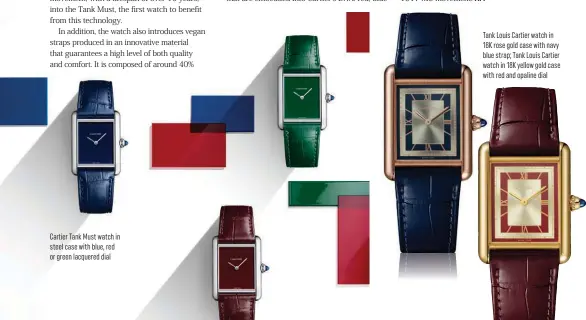  ??  ?? Ca ier Tank Must watch in steel case with blue, red or green lacquered dial
Tank Louis Ca ier watch in 18K rose gold case with navy blue strap; Tank Louis Ca ier watch in 18K yellow gold case with red and opaline dial