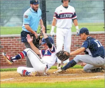  ?? GREGG SLABODA — TRENTONIAN PHOTO ?? Allentown’s Matt Coiante, left, scores a run as South Brunswick’s Marcus James applies a late tag in legion play.