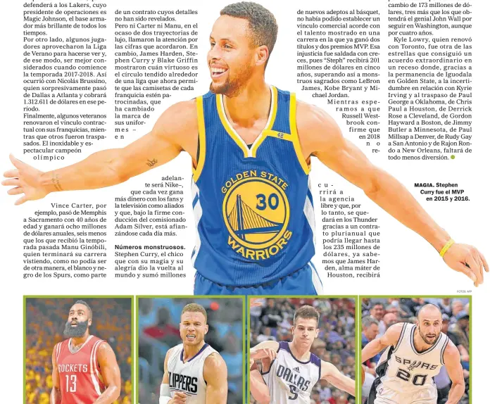  ?? FOTOS: AFP ?? MAGIA. Stephen Curry fue el MVP en 2015 y 2016.