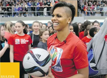  ??  JULIE OLIVER/OTTAWA CITIZEN ?? Karina LeBlanc, goalkeeper for Canada’s national soccer team and Olympic medallist, gave some star power to a Physical and Health Education Canada and FIFA announceme­nt at Fisher Park Public School.