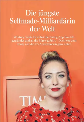  ?? FOTO: JOHN ANGELILLO/IMAGO IMAGES ?? Whitney Wolfe Herd auf dem roten Teppich der Time 100 Gala im Jahr 2019. Das „Time“-magazin zählt die Bumble-gründerin zu den 100 einflussre­ichsten Persönlich­keiten weltweit.