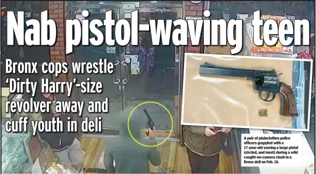  ?? ?? A pair of plaincloth­es police officers grappled with a 17-year-old waving a large pistol (circled, and inset) during a wild caught-on-camera clash in a Bronx deli on Feb. 10.
