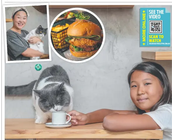  ?? ?? Amy Jiao, 10, has visited SupermarCa­t three times since its opening; and (inset) Nina Wang holding Chops and some of the cafe’s delicious food. Pictures: Glenn Campbell