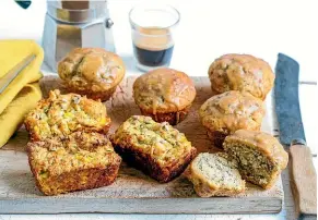  ?? SARAH TUCK ?? Corn, chicken, ku¯ mara and parmesan loaves with pesto and banana muffins with caramel glaze.