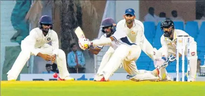  ?? HT PHOTO ?? India Red batsman Abhimanyu Eswaran tries to play a sweep shot in the Duleep Trophy final against India Blue in Lucknow on Wednesday. He made a century.