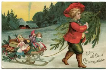  ?? ?? Chromolith­ographic Christmas greetings card, circa 1880, depicting the joys of a Christmas tree