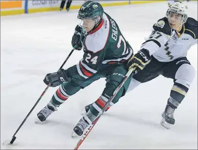  ?? PHOTO SPECIAL TO THE GUARDIAN BY METRO’S JEFF HARPER ?? Halifax Mooseheads forward Nikolaj Ehlers, left, and Charlottet­own Islanders defenceman David Henley fight for the puck Wednesday during Quebec Major Junior Hockey League action at the Scotiabank Centre.