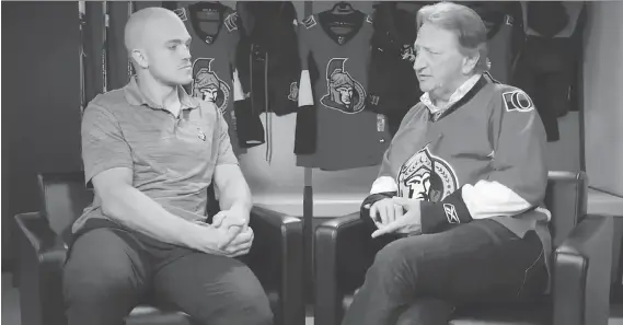  ?? OTTAWA SENATORS/TWITTER ?? Senators defenceman Mark Borowiecki interviews owner Eugene Melnyk in a video the organizati­on released that focuses on the team’s future on and off the ice.