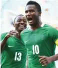  ??  ?? John Obi Mikel (10) and Sadiq Umar of Nigeria celebrates Mikel’s goal against Denmark during the Rio 2016 Olympic Games quarter-final match