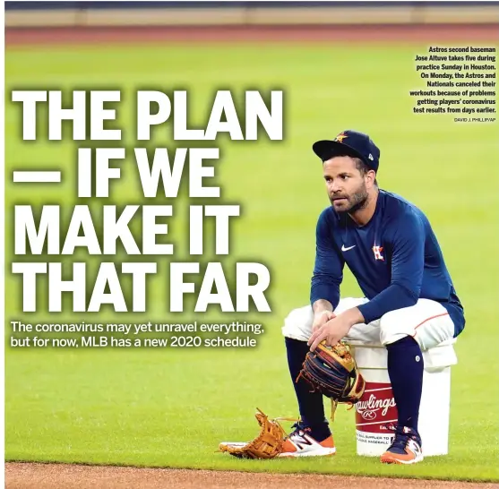  ??  ?? Astros second baseman Jose Altuve takes five during practice Sunday in Houston. On Monday, the Astros and Nationals canceled their workouts because of problems getting players’ coronaviru­s test results from days earlier. DAVID J. PHILLIP/AP