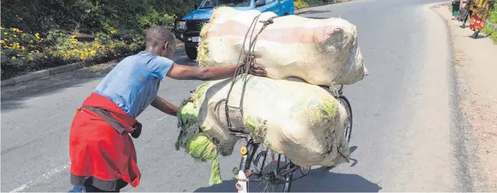  ?? FOTOS: DPA ?? Das Fahrrad ist in Ruanda eines der wichtigste­n Fortbewegu­ngs- und Transportm­ittel: Schwer beladene Räder werden auch gern mal geschoben.