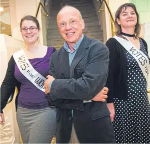  ?? Picture: Steve MacDougall. ?? Above: Norman Watson with Laura Beare, left, and Sarah-Ann Kelly, both of Perth Museum and Art Gallery, where the author gave a talk. Right: suffragett­es speak to a crowd in Dundee.