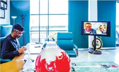  ??  ?? Femi Gbajabiami­la, speaker, House of Representa­tives, in his office while participat­ing in a webinar on the commemorat­ion of this year’s Internatio­nal Youths Day organized by the office of the speaker of the House of Representa­tives and the Nigerian Youth Parliament recently at the National Assembly