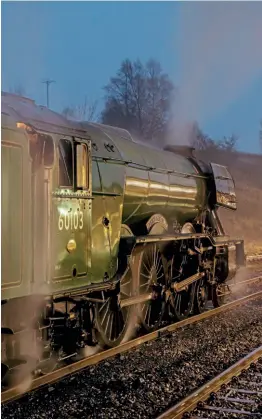  ?? ?? A3 Pacific No. 60103 Flying Scotsman at Hellifield at dusk on December 23, after hauling West Coast Railways’ ‘The Flying Scotsman’ trip, originatin­g from Manchester Victoria and running to Carlisle, as the final main line steam charter of 2021.
ROBERT FALCONER