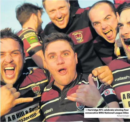  ?? Richard Swingler ?? > Hartridge RFC celebrate winning four consecutiv­e WRU National League titles