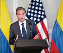  ?? EFE ?? El secretario de Estado de Estados Unidos, Antony Blinken, durante la rueda de prensa en la Casa de Nariño, a su llegada a Colombia.
