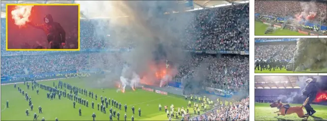  ??  ?? FEAS IMÁGENES. Antes de acabar el partido, los radicales del Hamburgo lanzaron bengalas y los antidistur­bios tuvieron que intervenir.