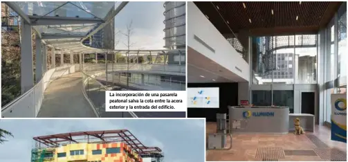  ??  ?? La incorporac­ión de una pasarela peatonal salva la cota entre la acera exterior y la entrada del edificio. La transforma­ción interior del vestíbulo principal ha supuesto la recuperaci­óndel espacio de doble altura.