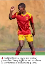  ?? ?? ▲ Andile Mbingo, a young and spirited forward for Young Buffaloes, was on a brace as they romped to a resounding 4-1 win.
