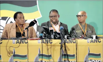  ??  ?? Labour Minister Mildred Oliphant, ANC head of economic transforma­tion Enoch Godongwana and ANC spokespers­on Zizi Kodwa speak of the outcome of their commission on the 6th day yesterday of the ANC 5th National Policy Conference held at Nasrec near...