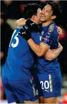  ?? GETTY IMAGES ?? Happy days: Okazaki (right) after scoring for 2-0