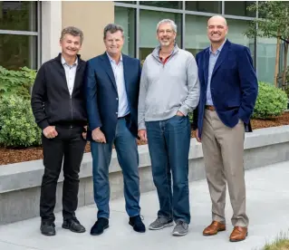  ??  ?? Core Four
Cofounders Benoit Dageville (left) and Thierry Cruanes (third from left) are counting on Slootman and his trusted lieutenant,
CFO Michael Scarpelli (right), to steer Snowflake through the stock market’s gyrations. Says Dageville: “We have a lot of pressure to deliver on this
valuation.”