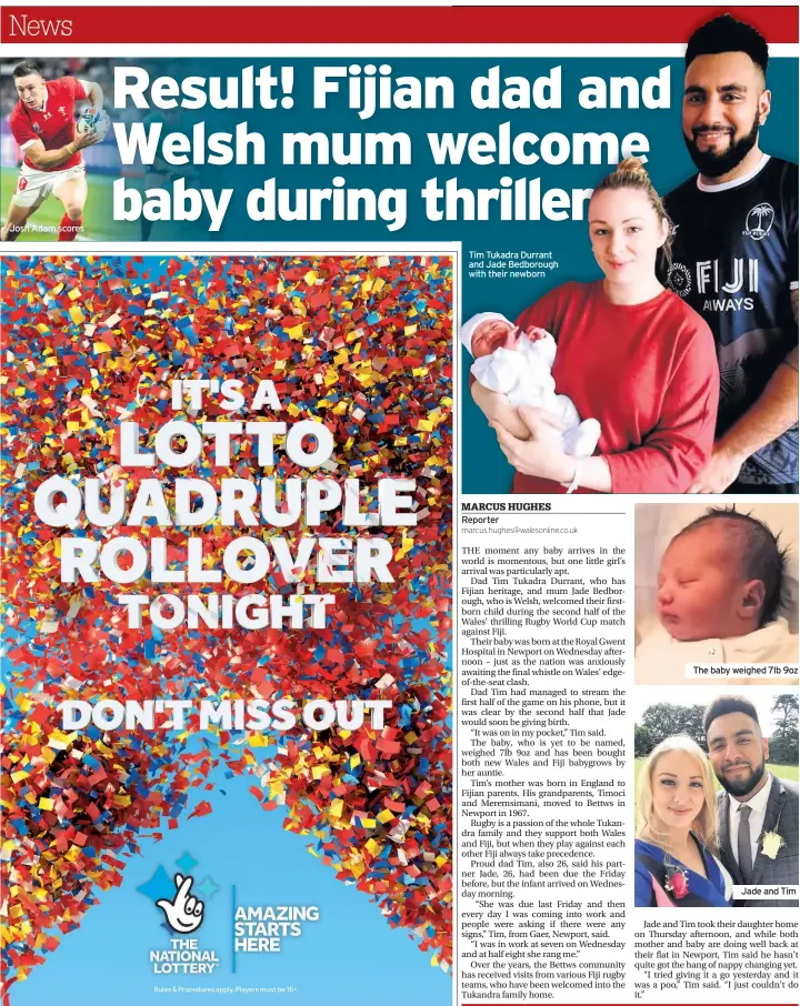  ??  ?? Josh Adam scores Tim Tukadra Durrant and Jade Bedborough with their newborn The baby weighed 7lb 9oz Jade and Tim