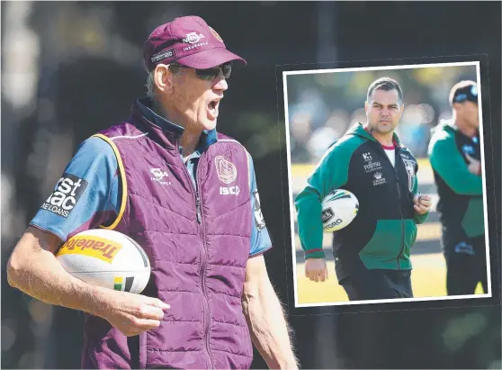  ?? UNDER PRESSURE: Broncos coach Wayne Bennett barks out orders during team training at Red Hill, and ( inset) Rabbitohs coach Anthony Seibold. ??