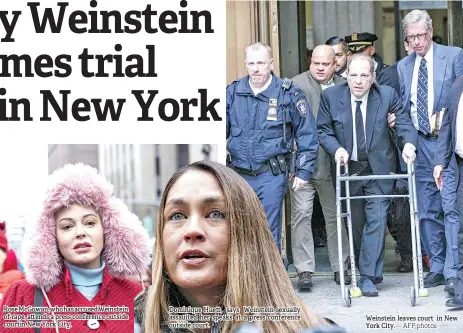  ?? AFP photos ?? Rose McGowan, who has accused Weinstein of rape, a ends a press conference outside courtin New York City.
Dominique Hue , says Weinstein sexually assaulted her speaks at a press conference outside court.
Weinstein leaves court in New York City.—