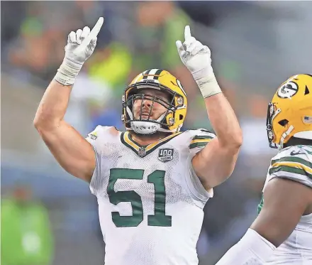  ?? JIM MATTHEWS/USA TODAY NETWORK-WISCONSIN ?? Packers linebacker Kyler Fackrell had four tackles for loss against the Seahawks on Thursday night.