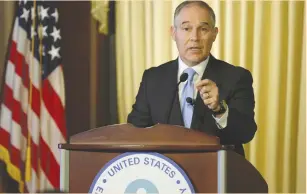 ?? (Joshua Roberts/Reuters) ?? SCOTT PRUITT, administra­tor of the Environmen­tal Protection Agency, speaks to employees of the agency in Washington on Tuesday.