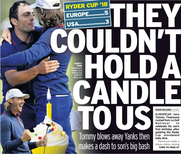  ??  ?? PARTY TIME Fleetwood, below, and embracing Molinari after win