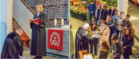  ??  ?? Demütig kniet Pfarrer Leander Sünkel bei der Einsegnung in sein Amt vor Dekanin Doris Sperber Hartmann. Die Gemeindeju­gend begrüßt Leander Sünkel mit einem Kuchen und all ihren Wünschen.