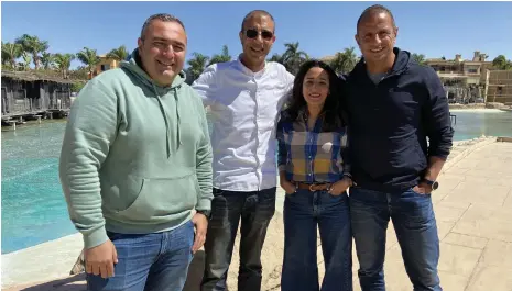  ?? Nada El Sawy / The National ?? Technopoli­tan’s co-founders, from left, Mohamed Dessouki, Mohamed Ashraf, Fatma Ashraf and Ahmed Shakib at the Palm Hills Club in Cairo, where people can book work spaces or meeting rooms