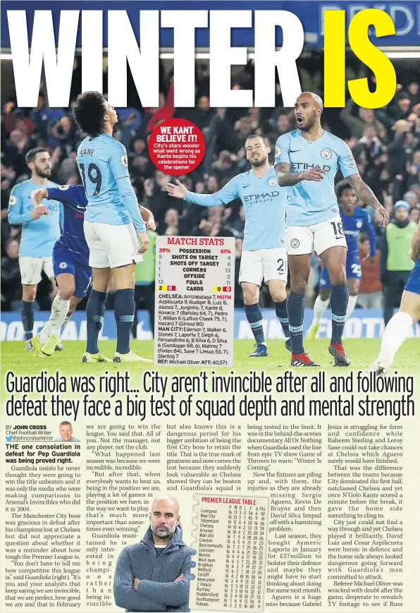  ??  ?? WE KANT BELIEVE IT! City’s stars wonder what went wrong as Kante begins his celebratio­ns for the opener