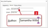  ?? ?? Clear the tick next to ‘Always use the Log-in Name for Author name’ (1). In the Author field, type the name you want to use (2)