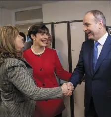  ??  ?? Presentati­on Secondary School Tralee teacher and Fianna Fáil Dáil candidate Cllr Norma Foley introduces Micheál Martin to her colleagues during his visit to the school on Monday.