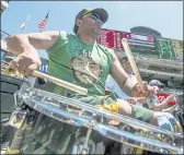  ?? DOUG DURAN — BAY AREA NEWS GROUP ?? A’s fan Carlos Soria plays the drums during the A’s game against the Angels on Tuesday at the Oakland Coliseum.