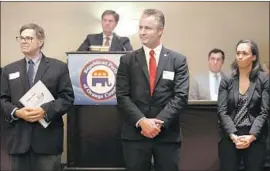  ?? Luis Sinco Los Angeles Times ?? STEVE FRANK, Travis Allen and Jessica Patterson, candidates for chair of the California Republican Party, attend a meeting of GOP delegates in Costa Mesa.