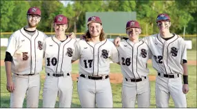  ?? Bud Sullins/Special to Siloam Sunday ?? Siloam Springs baseball seniors, from left, Josh Hunt, Eli Hawbaker, Chance Junkermann, Dawson Armstrong and Chandler Cook were honored after Wednesday’s game against Russellvil­le. The Panthers are scheduled to play a nonconfere­nce game at Prairie...