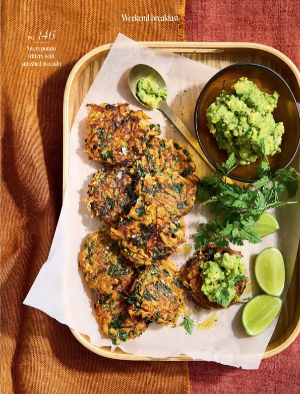  ??  ?? Sweet potato fritters with smashed avocado