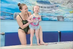  ??  ?? Four-year-old Charlotte Linton can now jump into the water with the help of instructor Melissa Lefebvre.