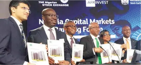  ??  ?? CEO London Stock Exchange Nilkhil Rathi (left); Governor of Edo State, Godwin Obaseki; Group Managing Director, Afrinvest, Ike Chioke; Governor, Central Bank of Nigeria (CBN), Godwin Emefiele; Director General, Debt Management Office (DMO), Ms....