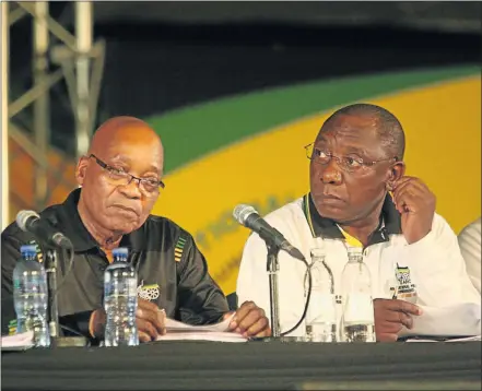  ?? Picture: GALLO IMAGES ?? LOSING SUPPORT: Under President Jacob Zuma, left, seen here with Cyril Ramaphosa on the last day of the ANC national conference in Manguang last year, the political party has seen a rise in factionali­sm and splinter groups