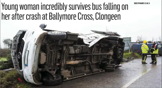  ??  ?? The overturned Local Link bus which fell on a woman from Clongeen at Ballymore Cross on Thursday morning.