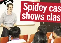  ??  ?? “Spider-Man” star Andrew Garfield talks about bullying to kids at the Albert Shanker School in Long Island City.