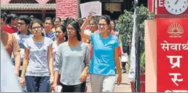  ?? HIMANSHU VYAS/HT PHOTO ?? Students come out after appearing for NEET in Jaipur on Sunday.