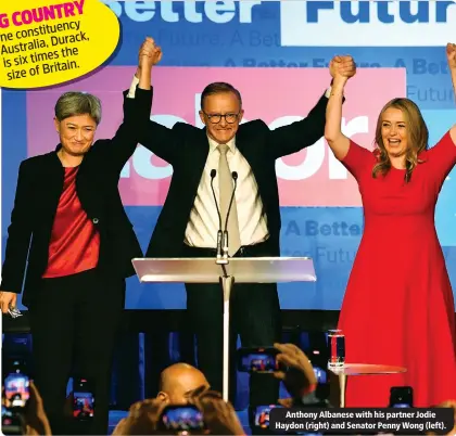  ?? ?? Anthony Albanese with his partner Jodie Haydon (right) and Senator Penny Wong (left).