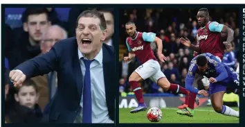  ??  ?? DENIED: Slaven Bilic (far left) cannot hide his anger at the decision to award a late penalty against his side for this challenge by Michail Antonio (left) on Ruben Loftus-Cheek, which stopped West Ham from moving in to the top four