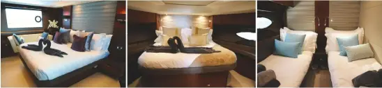 ??  ?? L E F T Full beam master cabin is the height of luxury and includes a full turn-down service C E N T R E Forwar d VIP is almost as lavish RIGHT One of the two double guest cabins